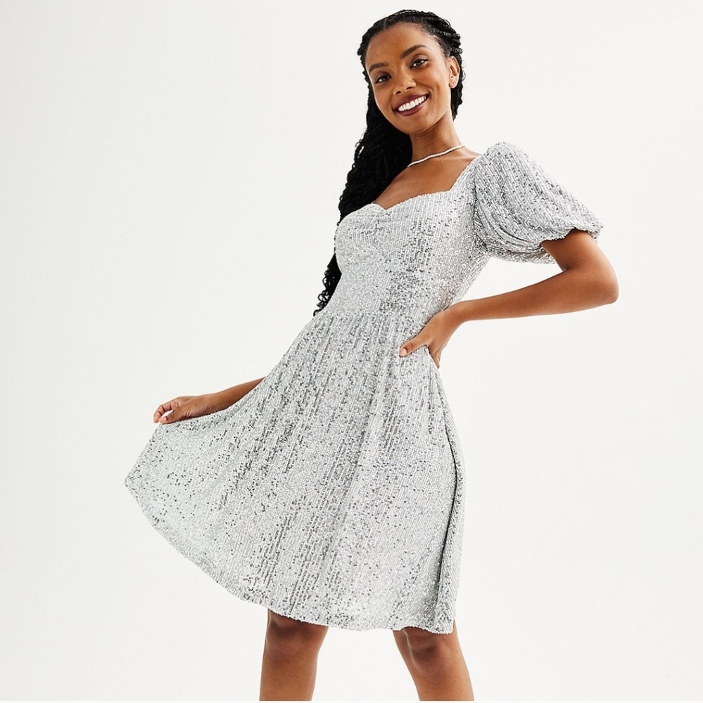 Junior's L SO Silver Sequin Puff Sleeve Dress NWOT